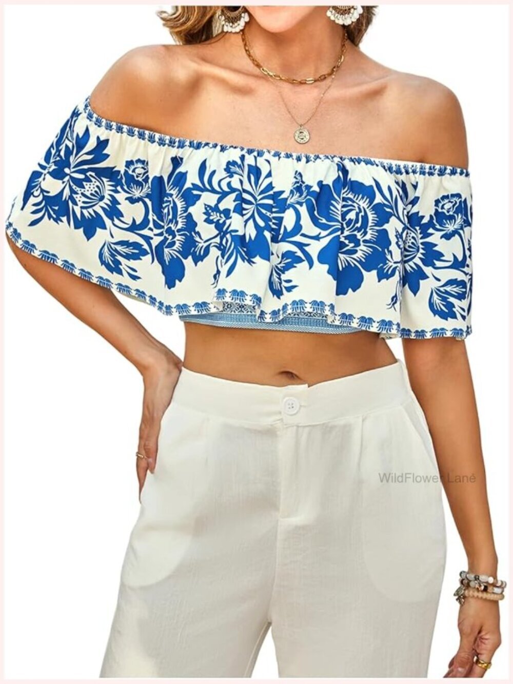 Off Shoulder Crop Top Floral Ruffle Blouse Sleeveless Boho Going Out